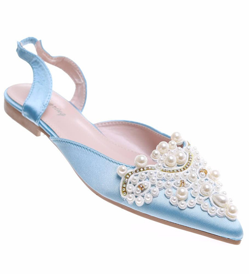 Niebieskie płaskie sandały z perełkami /C7-2 16364 G079/