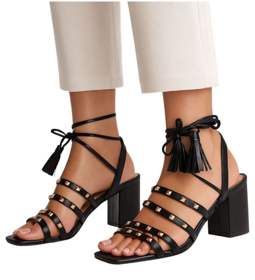 Czarne sandały na grubym obcasie Lace up /A5-3 16177 G132/