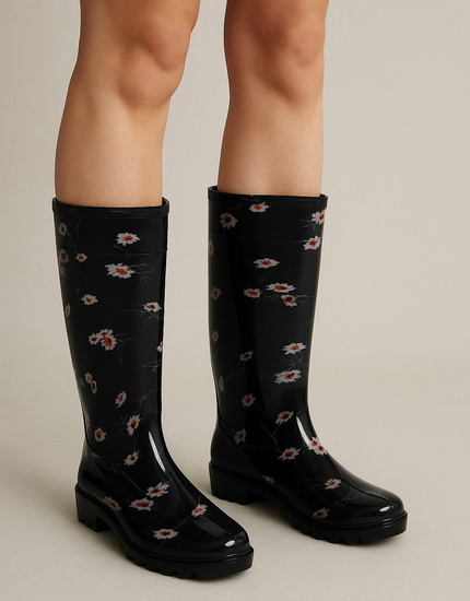 Kalosze damskie Czarne wysokie gumiaki w kwiaty /C3-1 17792 T349/