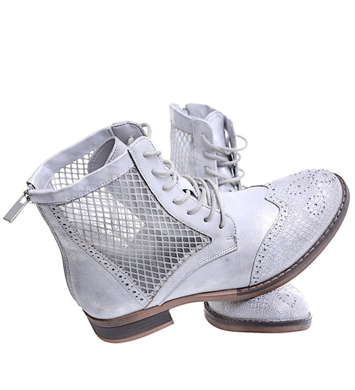 Wiosenne srebrne botki workery z ażurowymi wstawkami /D2-2 15458 S346/