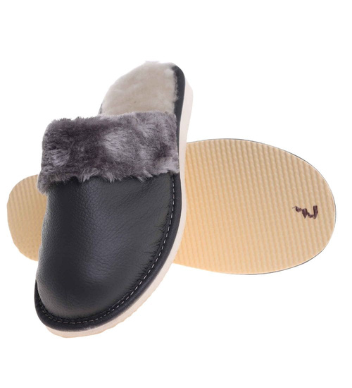 Skórzane szare kapcie damskie z wełną /G4-1 18466 S196/