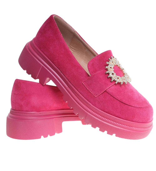 Fuksjowe półbuty loafersy damskie na platformie /J4-2 18622 W147/