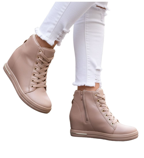 Beżowe sneakersy damskie na koturnie /F7-2 12802 T891/