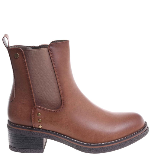 Karmelowe botki sztyblety na płaskim obcasie /A8-3 18415 W484/