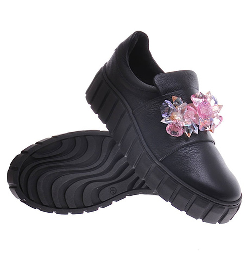 Czarne skórzane damskie trampki creepersy /B5-1 11692 N0200/