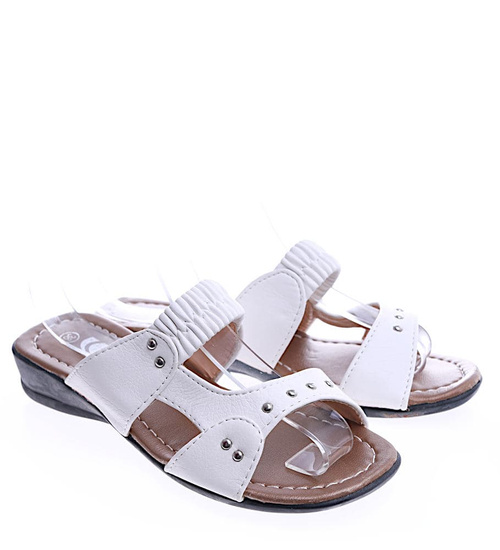 Białe damskie klapki na płaskim obcasie /G5-1 14187 T097/