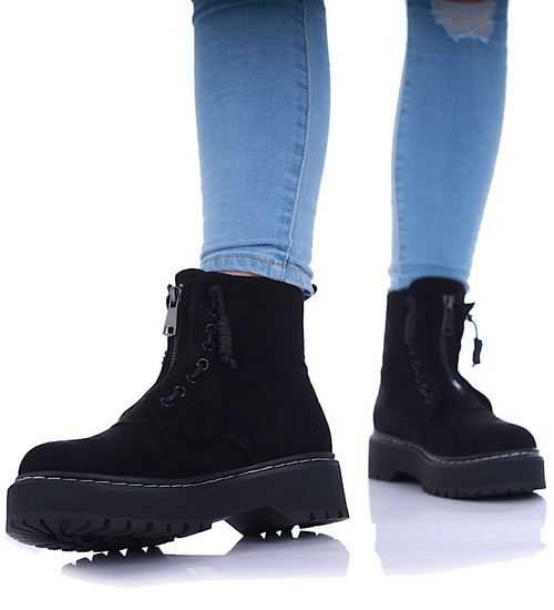 Czarne sznurowane botki trapery na platformie /E6-3 17165 T288/