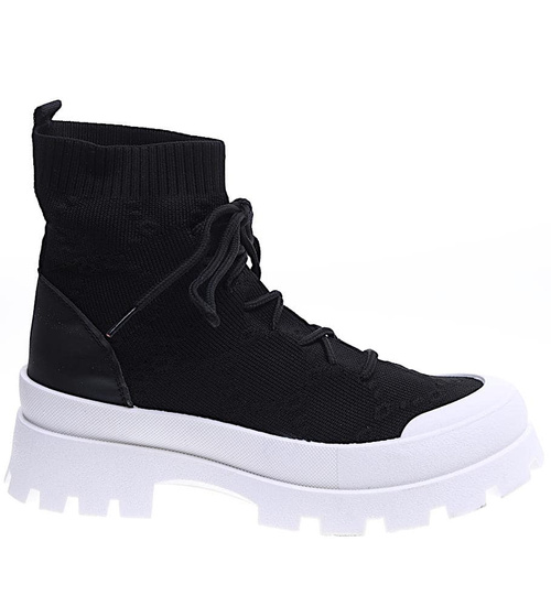 Wiosenne czarne botki z tkaniny na platformie /E1-3 15725 T144/