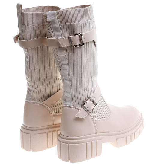 Niskie beżowe kozaki damskie na platformie z elastyczną cholewką /E1-1 16819 G388 +H2/