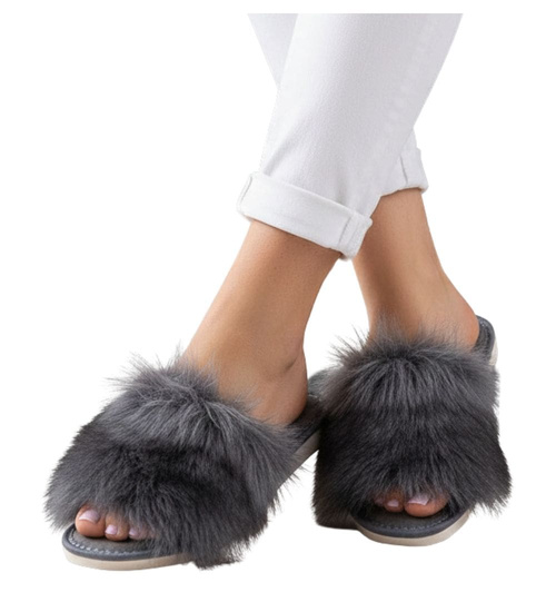 Szare damskie klapki z kudłatym futerkiem Premium /A10-1 11321 S292/