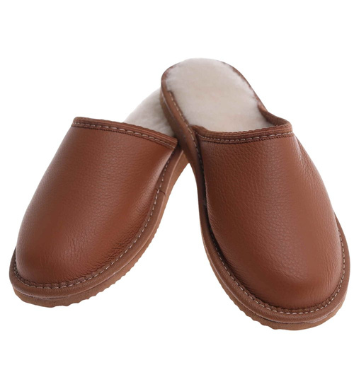 Skórzane brązowe kapcie damskie z wełną /C6-1 12796 S196/