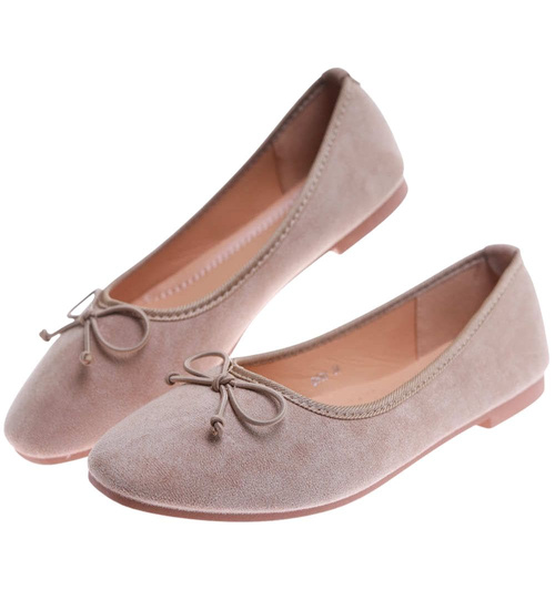 Zamszowe baleriny damskie z kokardą Ciemno beżowe /A9-2 17546 G133/