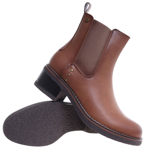 Karmelowe botki sztyblety na płaskim obcasie /A8-3 18415 W484/