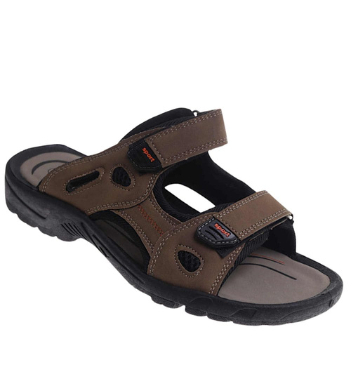 Męskie brązowe sandały klapki na rzepy /E9-2 17638 T284/