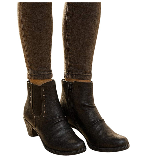 Damskie czarne botki na niskim obcasie /E10-3 12579 T145/