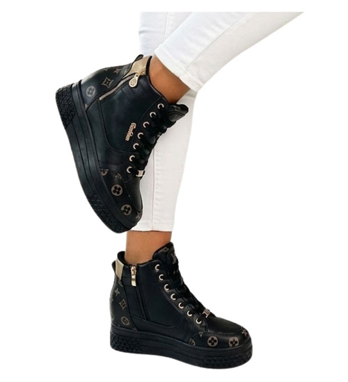 Wiązane czarno złote sneakersy na koturnie i platformie /F5-3 12317 T792/