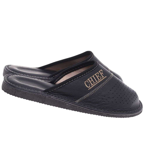 Skórzane kryte klapki domowe Chief czarne /G5-1 18684 S290/