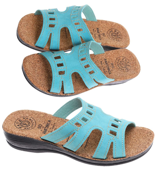 Turkusowe klapki na niskim obcasie /H2 14310 T005/