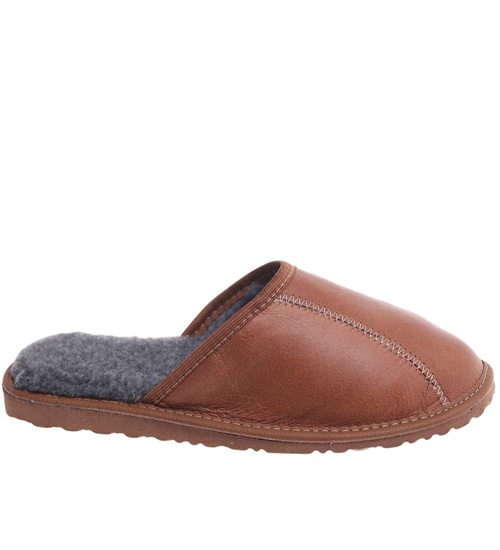 Skórzane kapcie męskie z wełną Brązowe /G8-1 18468 S197/