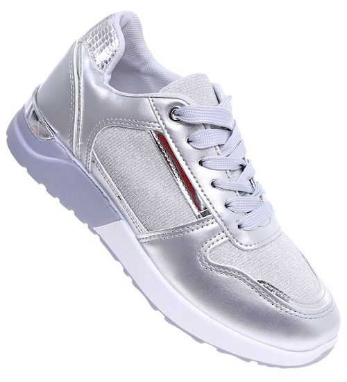 Wiązane srebrne buty sportowe damskie /F4-2 16077 G283/