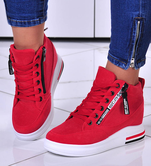 Czerwone sneakersy damskie na ukrytym koturnie /F2-3 10773 T630/