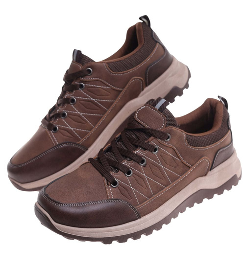 Sznurowane męskie buty trekkingowe Brązowe /A2-3 18204 T485/