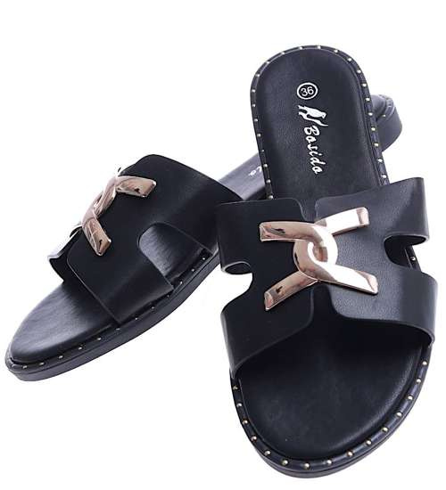 Płaskie czarne klapki damskie z ozdobą /B6-3 14435 T336/ Płaskie czarne klapki damskie z ozdobą /B6-3 14435 T336/