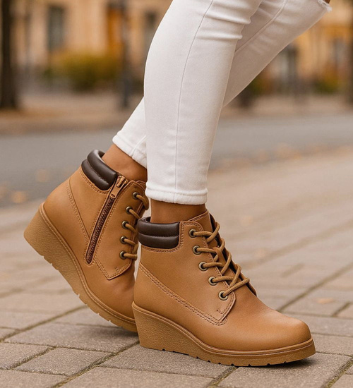 Kamelowe sznurowane botki na niskim koturnie /a10-2 +H2 16624 T7-38/