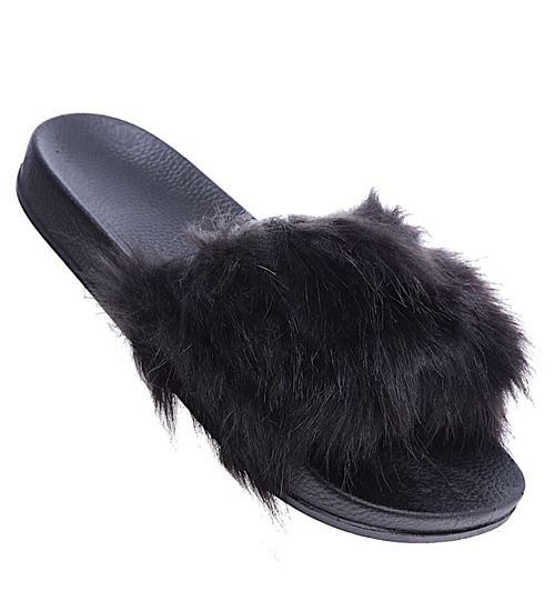 Czarne damskie klapki gumowe z futerkiem /A4-2 14646 T157/