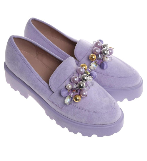 Fioletowe półbuty loafersy na platformie z kamieniami /B3-2 18485 T203/