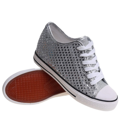 Wiązane srebrne trampki na koturnie /A10-2 16548 G8-61/