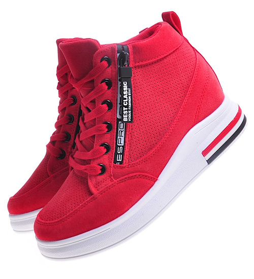 Czerwone sneakersy damskie na ukrytym koturnie /F2-3 10773 T630/