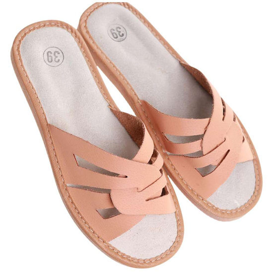 Beżowe klapki damskie z naturalnej skóry /E6-1 8453 S193/