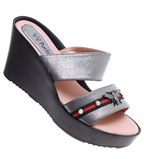 Srebrne klapki damskie na koturnie i platformie /G5-2 16292 S230/