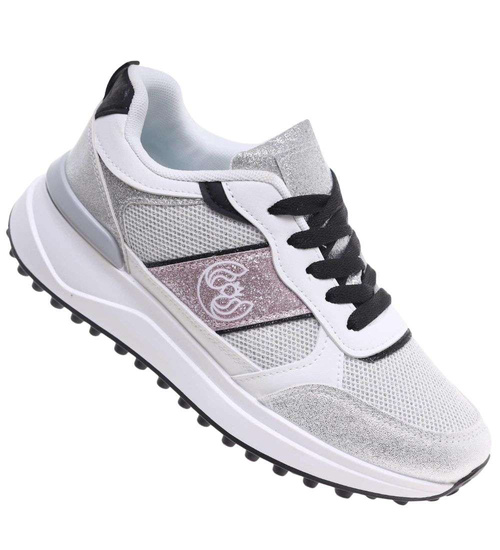 Biało srebrne wiązane buty sportowe /A2-3 18843 T232/