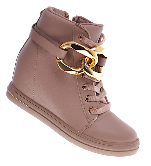 Beżowe sneakersy damskie na koturnie /F7-2 12802 T891/