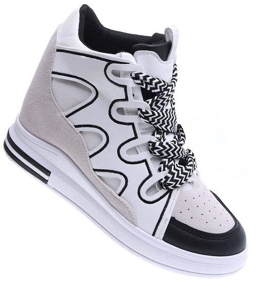 Sznurowane biało czarne trampki sneakersy na koturnie /F9-2 15779 D236/