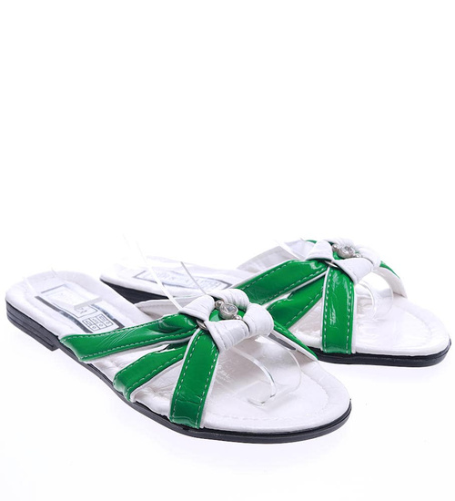 Klapki damskie na płaskim obcasie biało zielone /H2 14343 T005/