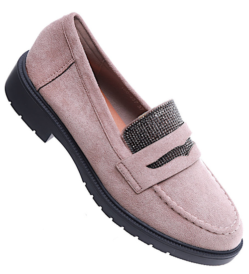 Beżowe zamszowe półbuty loafersy na niskim obcasie /F8-3 15476 T386/