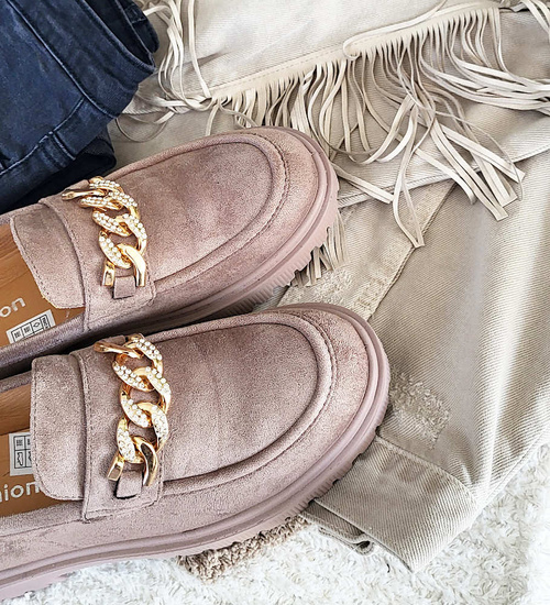 Półbuty loafersy na niskiej platfomie Khaki /E4-3 14874 T485/