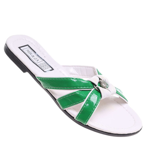 Zielono białe klapki na płaskim obcasie /H2 14349 T005/