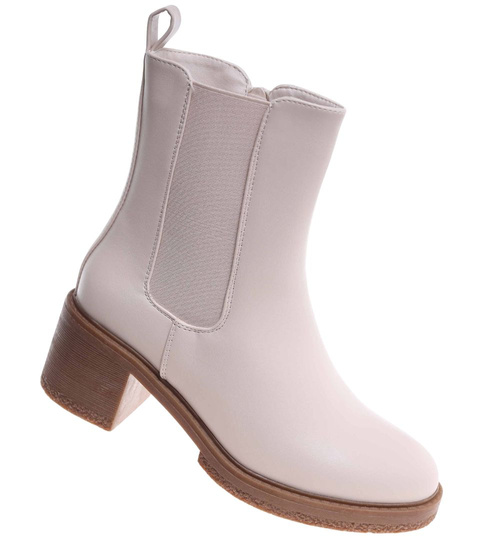 Beżowe botki damskie na grubym obcasie /J6-3 h2 18396 W3/