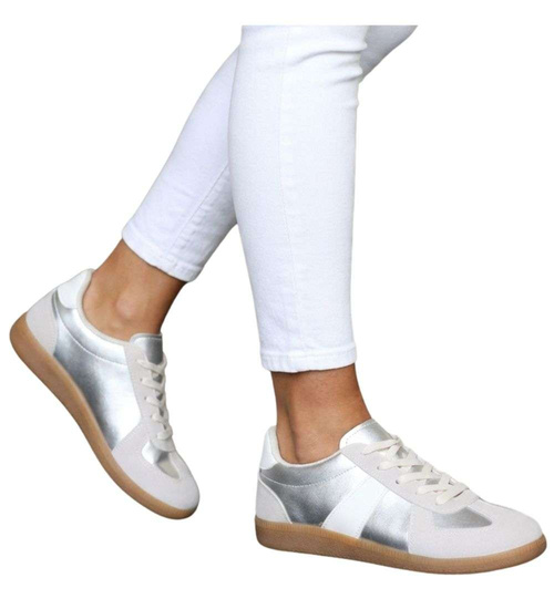 Beżowo srebrne sznurowane sneakersy /G8-1 18727 T177/