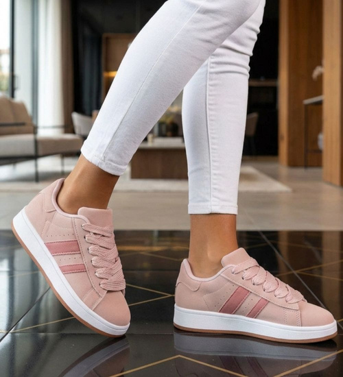 Pastelowe sznurowane trampki damskie Różowe /E6-2 18819 W385/