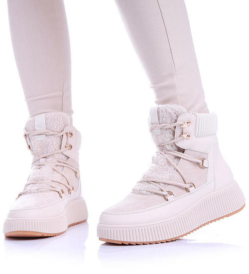 Damskie beżowe śniegowce na platformie /G6-1 17082 G386/