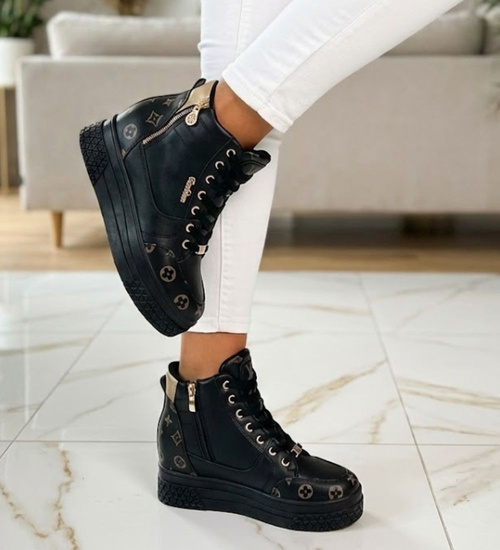 Wiązane czarno złote sneakersy na koturnie i platformie /F5-3 12317 T792/