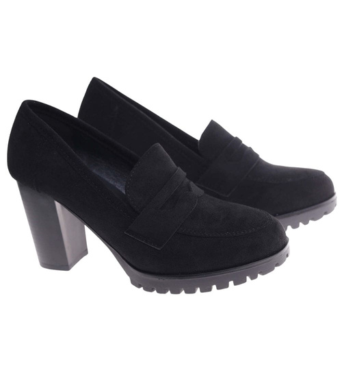 Czarne zamszowe czółenka na słupku /E1-3 18629 T2/