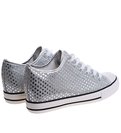 Wiązane srebrne trampki na koturnie /A10-2 16548 G8-61/