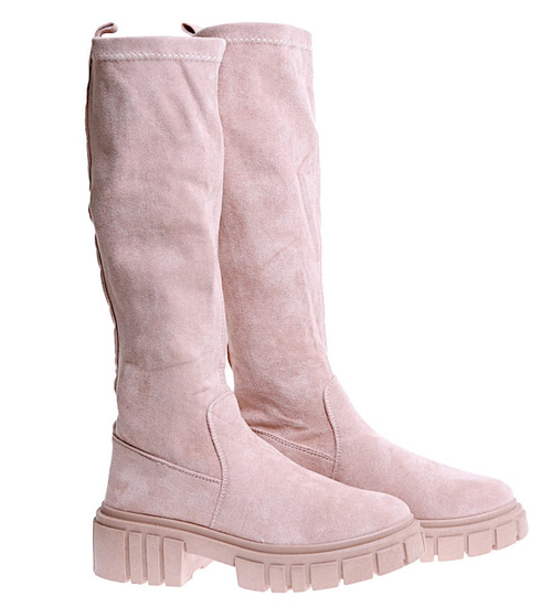 Beżowe kozaki damskie na platformie /E9-2 15217 T592/