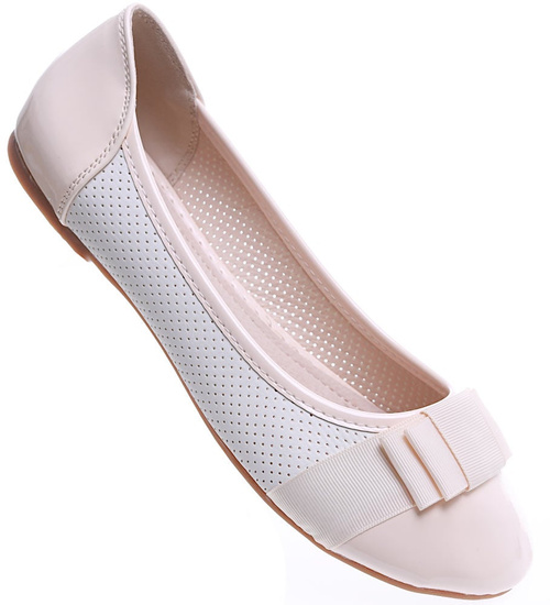 Beżowe ażurowe balerinki z kokardką /B2-2 15536 T148/